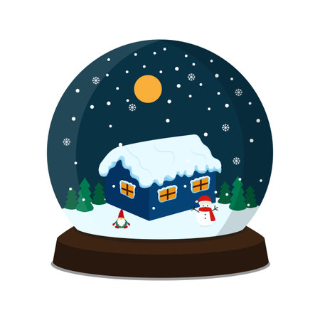 Snow globe with house and snowman. Vector illustration in flat styleのイラスト素材