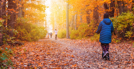 a girl rides a scooter in an autumn park, an entertainment conceptの写真素材