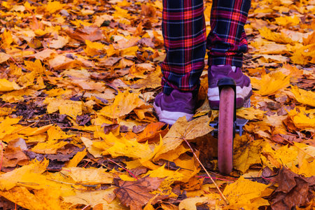 a girl rides a scooter in an autumn park, an entertainment conceptの写真素材