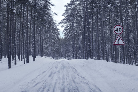 Winter landscape with a snow-covered road in the forest