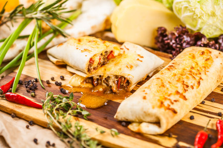 Burritos filled with meat and vegetablesの写真素材
