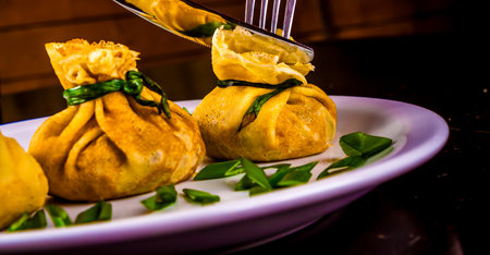 Stuffed pancakes pouches with mushrooms and onionの写真素材