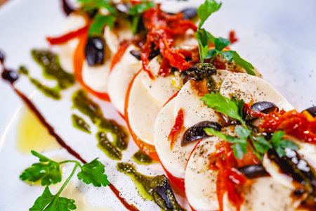 Caprese salad with tomatoes, mozzarella cheese, pesto sauce and black olives on white plate. Close upの写真素材