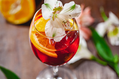 Aperol spritz cocktail decorated with flower. Close upの写真素材