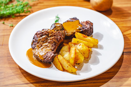 Grilled beef steak with potato wedges on white plate. Close upの写真素材