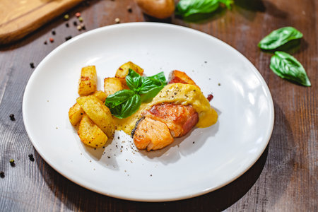 Grilled salmon fillet wrapped in bacon and potato wedges on white plate. Close upの写真素材