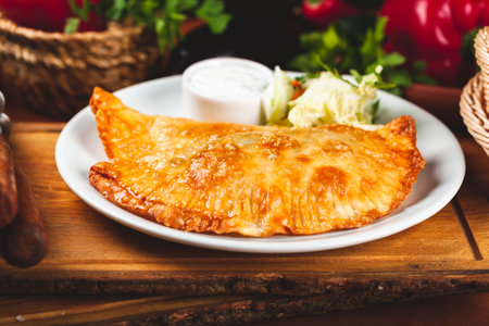 Traditional Crimean Tatar food chebureks with minced meat served with sour cream on white plate.の写真素材