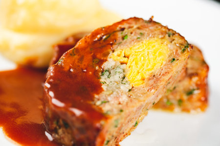 Zrazy cutlets with minced meat, rice and eggs served with mashed potatoes on white plate.