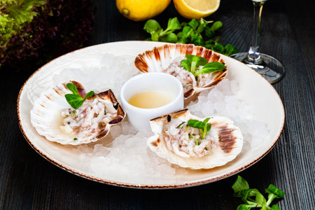 Ceviche. Finely chopped raw squid marinated in lemon juice served in seashell.の写真素材