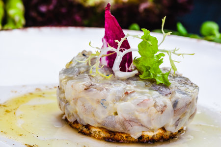 Sea bass tartare with toasted bread on a white plateの写真素材