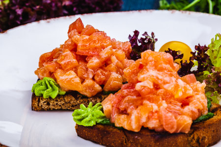 Healthy toasts with rye bread with salmon, avocado mousse, lettuce on white plate.の写真素材