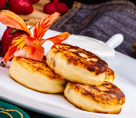 Breakfast. Cottage cheese pancakes, syrniki, curd fritters with fresh berries raspberry and strawberry, sour cream on white plate. Russian or Ukrainian cuisine.の写真素材