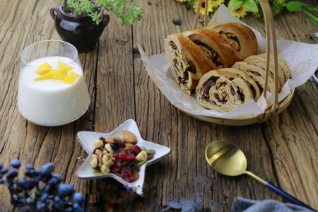 Nutritious breakfast on wooden surfaceの写真素材