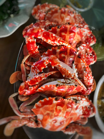 a plate of red crabsの写真素材