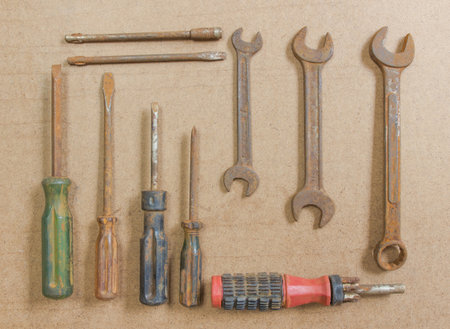 Old used tools on board,closeup shot.