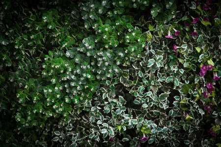 green leaves and colorful flowers background.