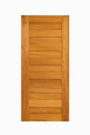Teak wooden door panel on isolated white background.の写真素材
