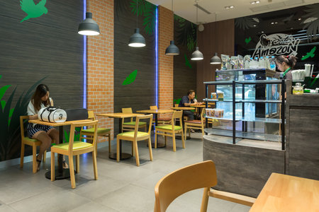 Nonthaburi, Thailand - September 7, 2015: Interior view of Cafe Amazon coffee shop where is a famous franchise coffee house in Thailand.のeditorial素材
