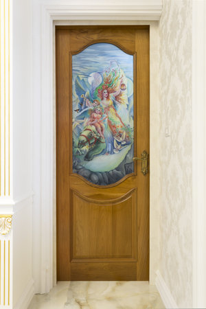 Teak wood door with mirror glass - Background.の写真素材