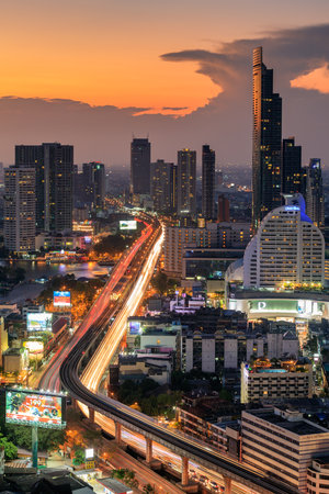 View of The Midtown Bangkok City with Car trail Light in the Sunset.の写真素材