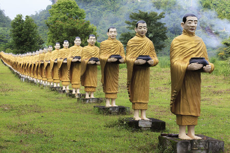 Shallow of Depth Buddha image statue Burma Style at Tai Ta Ya Monastery or Sao Roi Ton Temple of Payathonsu in the south of Kayin State, Myanmarの写真素材