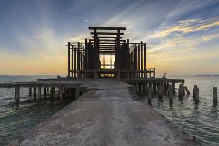 The Construction into the sea at sunset time.の写真素材