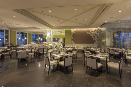 Bangkok, Thailand - August 8, 2015: View Interior of a hotel restaurant at Miracle Grand Convention Hotel on August 8, 2015.のeditorial素材