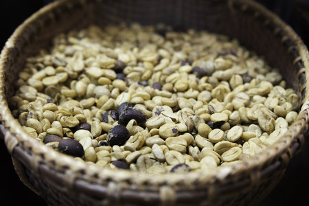 Vignette image of Green coffee beans in the wood basket. - (Selective Focus)の写真素材