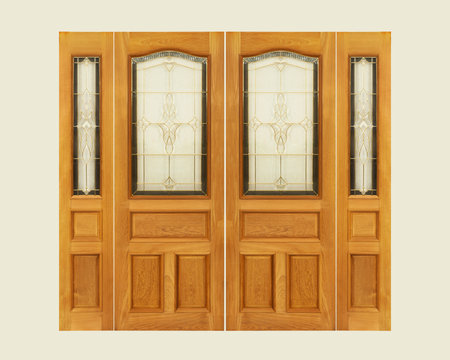 Teak wooden door with frosted glass interior on isolated background.の写真素材