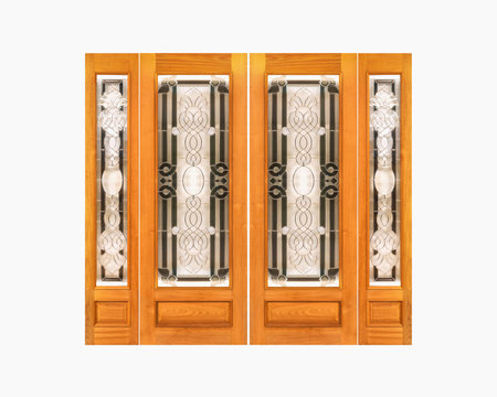 Teak wooden door with glass on isolated white background.の写真素材