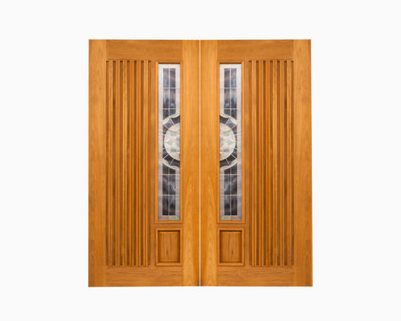 Teak wooden door on isolated background.の写真素材