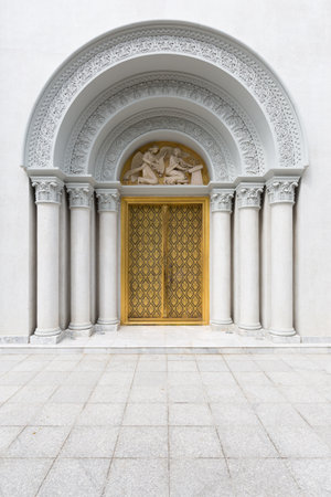 Wooden door of line Thai traditional Thai style pattern with Corinthian columns.の写真素材