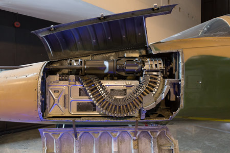Machine gun and ammo installed on the figther jet aircraft.