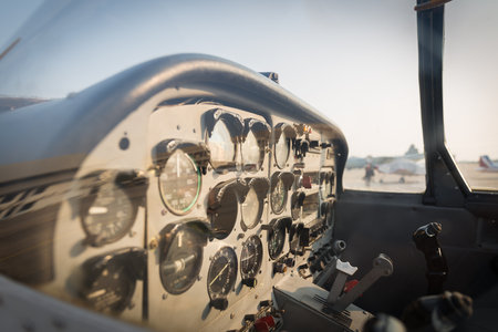 View of the cockpit of a small plane. - (Selective focus)の写真素材