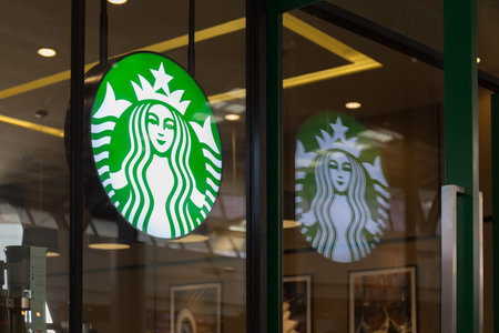 Nakhon Phanom, Thailand - March 9, 2016: Starbucks sign is displayed at the facade of a Starbuks...