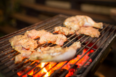 Assorted meat from chicken and pork on barbecue grill cooked for summer family dinner. - Selective focusの写真素材