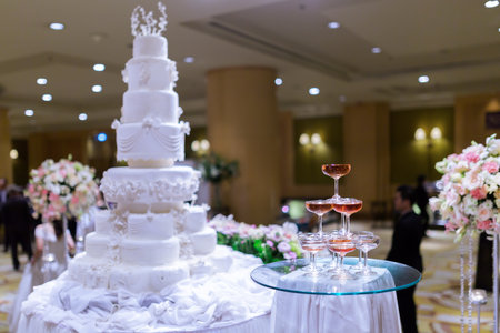 Champagne tower and in wedding cake.の写真素材