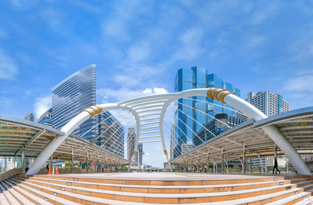 Public sky-walk at sky-train "Chong Nonsi" station on BTS Silom Line, Modern sky-walk in business area Bangkok, Thailand.のeditorial素材
