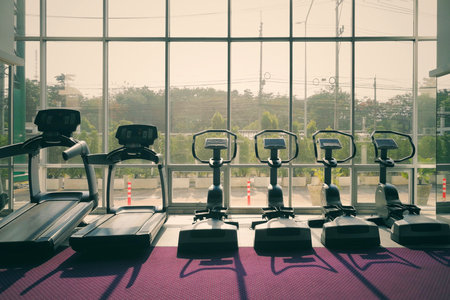 Treadmill, Airwalk machine, Step machine equipments in fitness gym.のeditorial素材