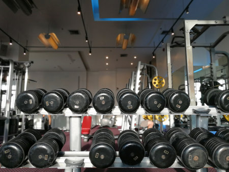 Heavy sports dumbbells on a rack in modern sports fitness club.のeditorial素材