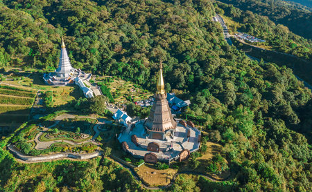 Aerial view of two pagoda on the top of Inthanon mountain in doi Inthanon national park Chiang Mai Thailand.の写真素材