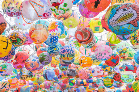 Chinese lantern for Chinese new year festival. Colorful  traditional Chinese lanterns shine for New Year.の写真素材