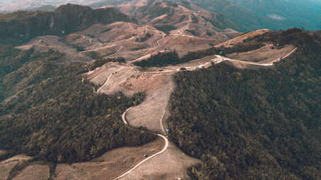 Aerial view of sierra mountain view landscape in Nan province, Thailand.