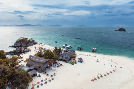 Aerial view over one of Similan island and it's shape look like heart in sea with green tree forest and blue or turquoise color in Thailand.の写真素材