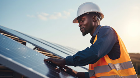 Technician or Engineer maintaining solar cell panels on factory building rooftop. Technician working outdoor on ecological solar farm construction. Renewable clean energy technology concept.の素材
