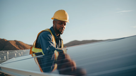 Technician or Engineer maintaining solar cell panels on factory building rooftop. Technician working outdoor on ecological solar farm construction. Renewable clean energy technology concept.の素材
