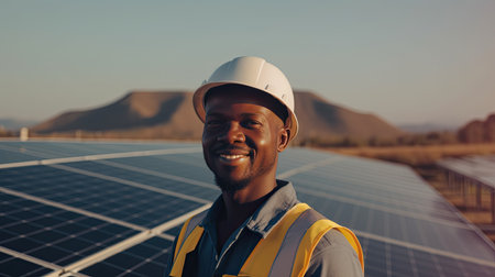 Technician or Engineer maintaining solar cell panels on factory building rooftop. Technician working outdoor on ecological solar farm construction. Renewable clean energy technology concept.の素材