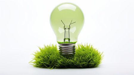 Energy saving light bulb covered in green grass. Concept of sustainable resources in white grey background.の素材