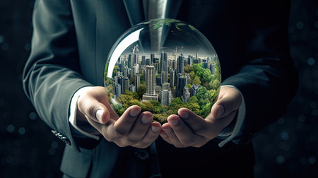 Hand holding energy green saving in clear sphere ball. Concept of sustainable resources. nature in background.の素材