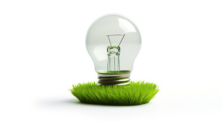 Energy saving light bulb covered in green grass. Concept of sustainable resources in white grey background.の素材